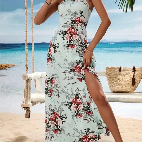 Maxi Floral print halter split new beautiful dress “ - Picture 4 of 4